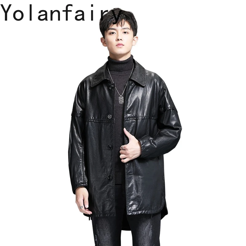 YOLANFAIRY Top Layer Cowhide Men Leather Jacket Mid-length Windbreaker Real Cow Genuine Leather Jackets Man Loose Trench Coat