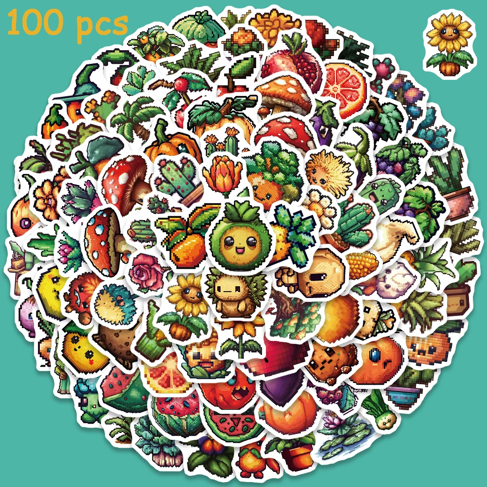 100pcs Pixel Gaming Style Cartoon Fruits Vegetabl Stickers Funny DIY Decals For Kids Laptop Luggage Diary Bike Phone Stickers