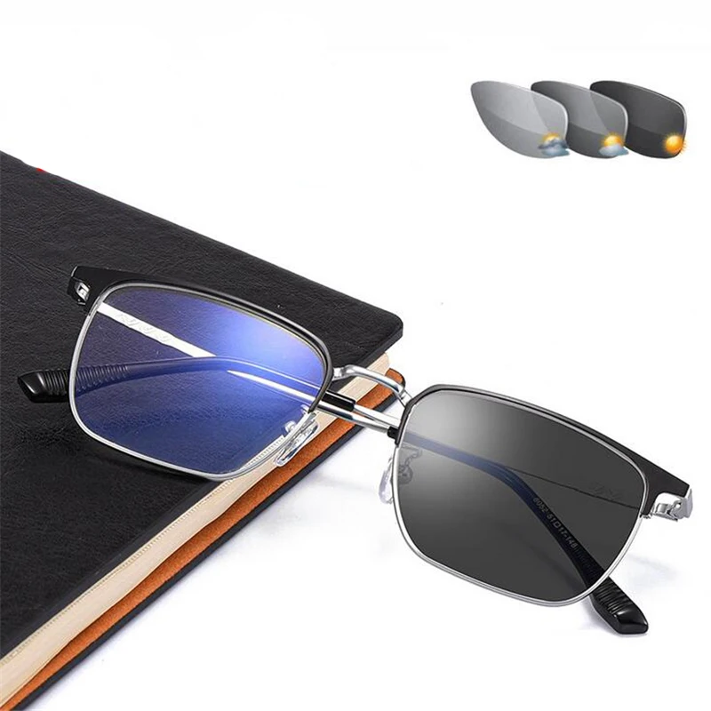 Metal Sun Photochromic Gray Square Farsighted Eyeglasses Women Men Full Frame Presbyopic Spectacles Power 0 +25 +50 +75 To +600