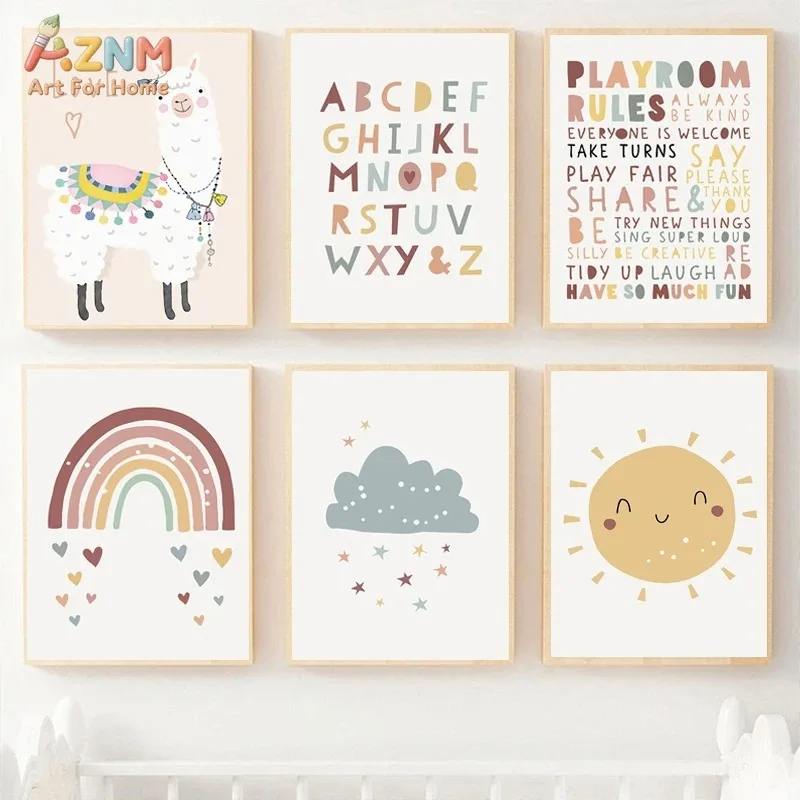 AZNM Boho Alpaca Rainbow Alphabet Canvas Wall Art Print, Sun Cloud Playroom Rules Pastel Neutral Educational Kids Nursery Decor