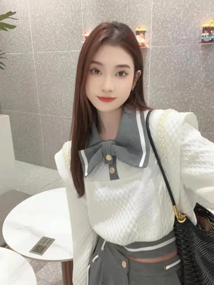 Elegante Casual donna due pezzi set perle Desigh maglione lavorato a maglia top vestito a vita alta pantaloni dritti vestito coreano Conjunto