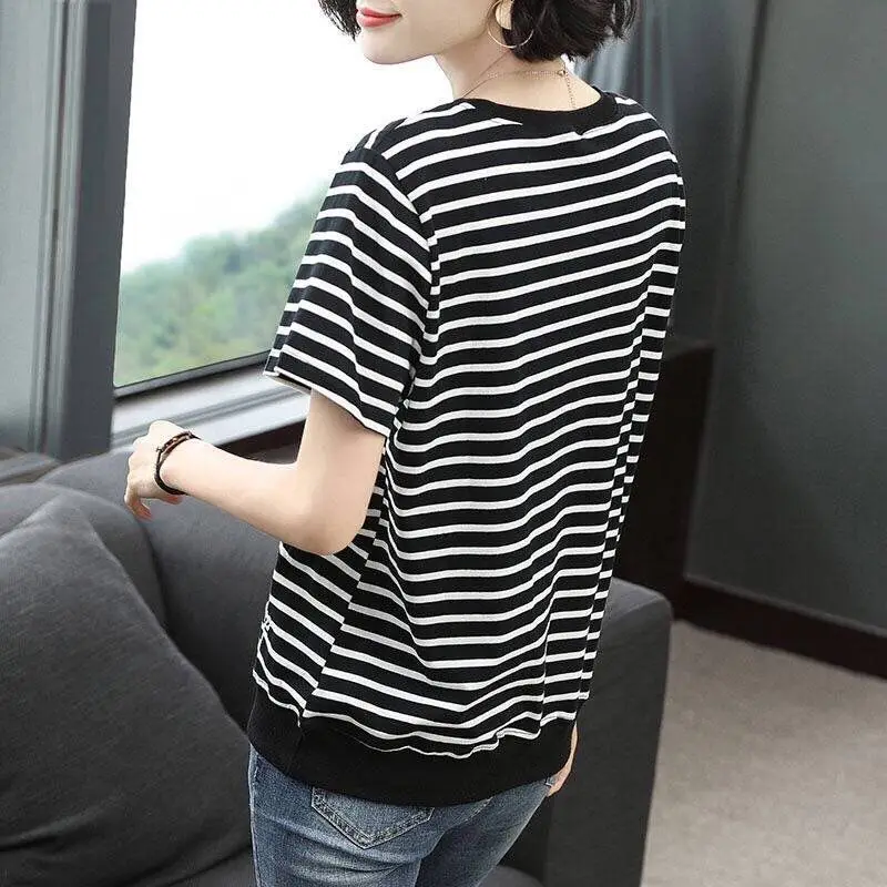 Summer New Plus Size Striped T Shirts Short Sleeve O-Neck Hollow Out Loose All-match Tops Tees Casual Vintage Women Clothing