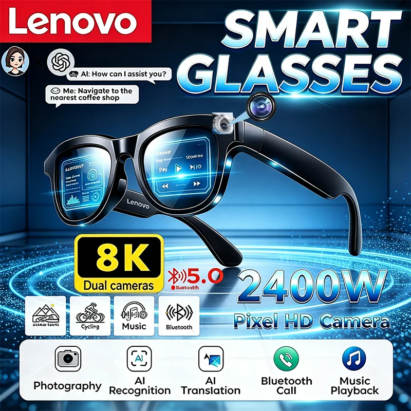 Lenovo 2026 New 2400W HD Camera AI Smart Glasses Bluetooth Call Translation Voice Assistant Audio Recording Sunglasses