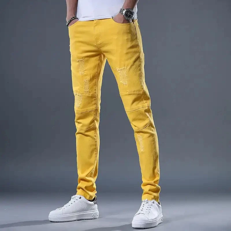 2026 Men's Summer Yellow Slim Fit Jeans European American Style Trendy Handsome Stretch Retro Denim Fabric Trousers Streetwear F