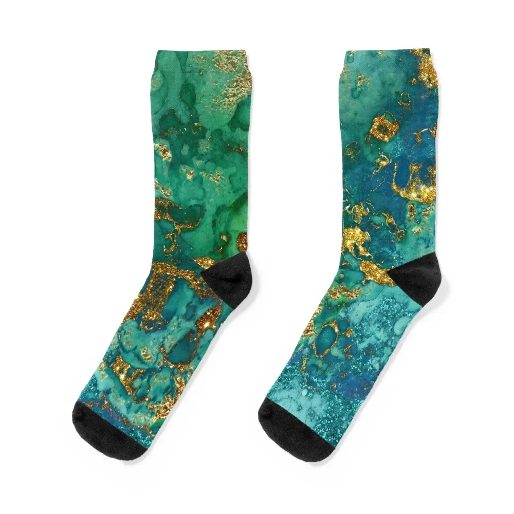 

Sparkling Gold Glitter on Green and Blue Faux marble Socks funny sock funny gift Heating sock Socks Women Men's