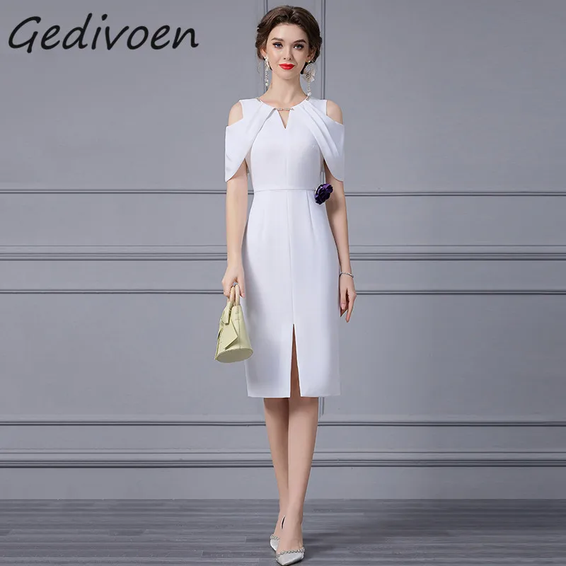 

Gedivoen Summer Fashion Runway Elegant White Dress Women's V-Neck Drill Chain Appliques Off Shoulder High Waist Slit Midi Dress