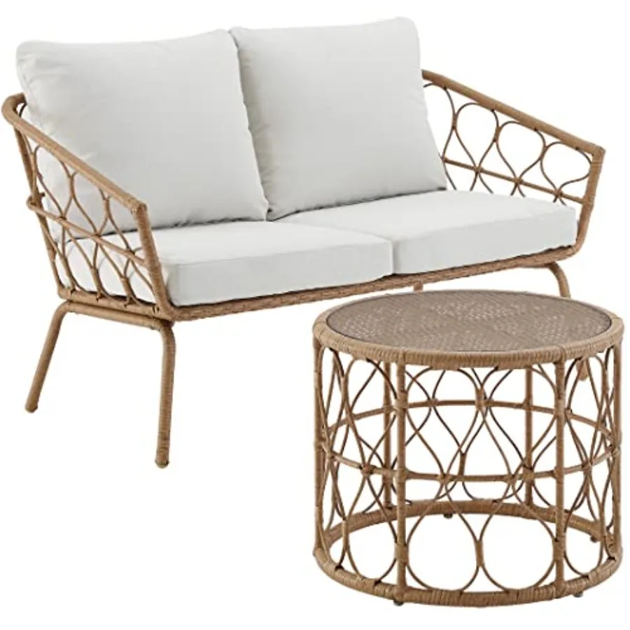 

2-х предметный плетеный уличный двухместный диван из ротанга и круглый журнальный столик, набор мебели для патио, натуральный с кремом C