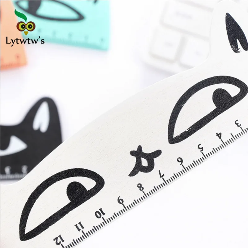 4 Piece Lytwtw\'s Cute Kawaii Black Cat Kitten Straight Ruler Wooden Tools Cartoon Drawing Office School Stationery Supplies