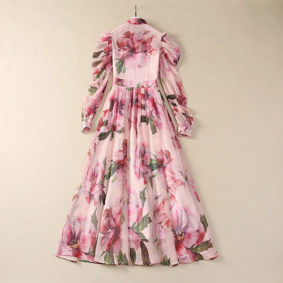 Europe and the United States women's 2024 summer new Bow collar Long sleeve pink flower print Fashion pleated dress XXL