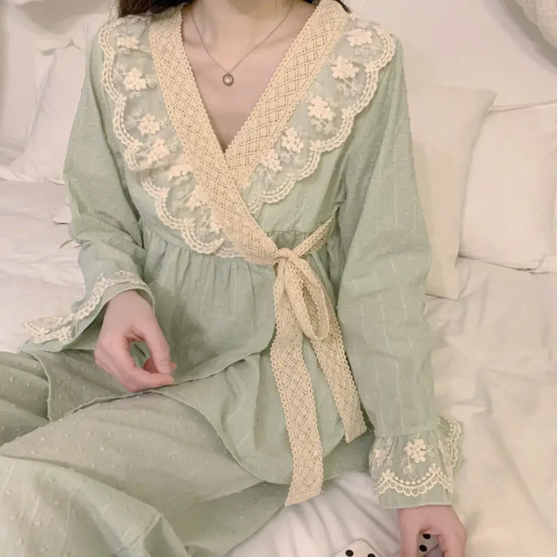 Pajama Sets Women Princess Sweet Lace Chic Lace-up Sleepwear for Girls Korean Fashion Autumn New Pajamas Aesthetic Home Clothing