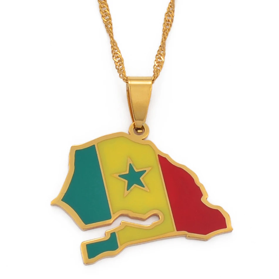 Anniyo  Senegal Map Flag Pendant Chain Necklaces Gold Color Jewelry Country Maps Senegalese Patriotic  #111921