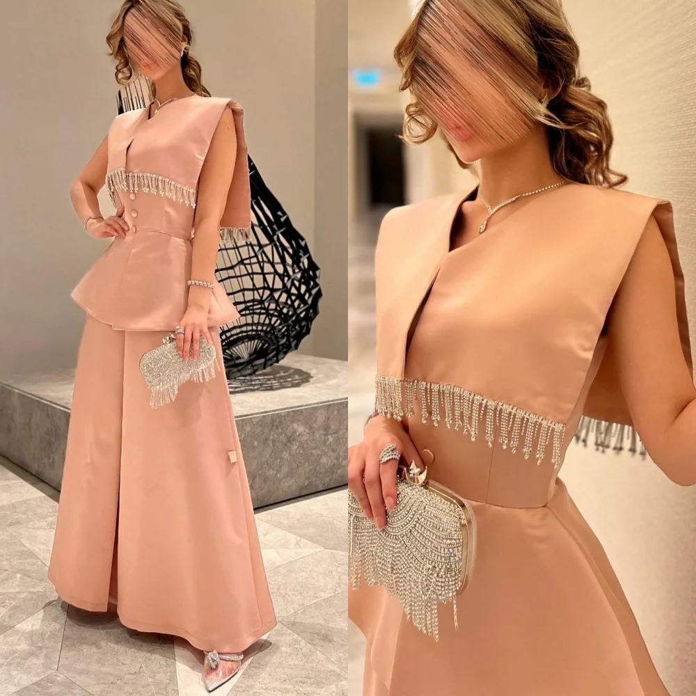 A-line Luxury Evening Dresses Tassel Rhinestone Satin Exquisite V-neck Formal Occasion Wedding Party Gown Black Girl Prom Dress