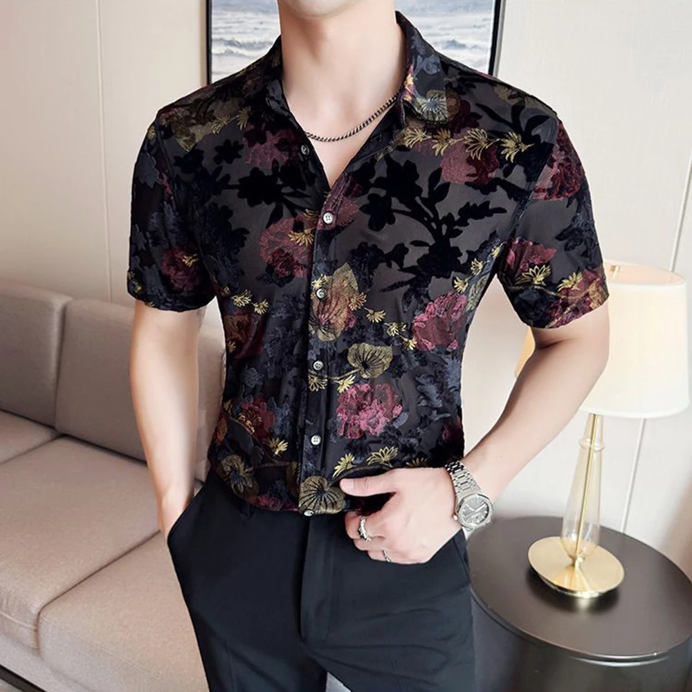 

Mens Shirt Mesh Thin Hollow Floral Ice Silk Shirt Summer Nightclub Fashion Breathable Short-Sleeved Top Men'S Clothing 2025 New