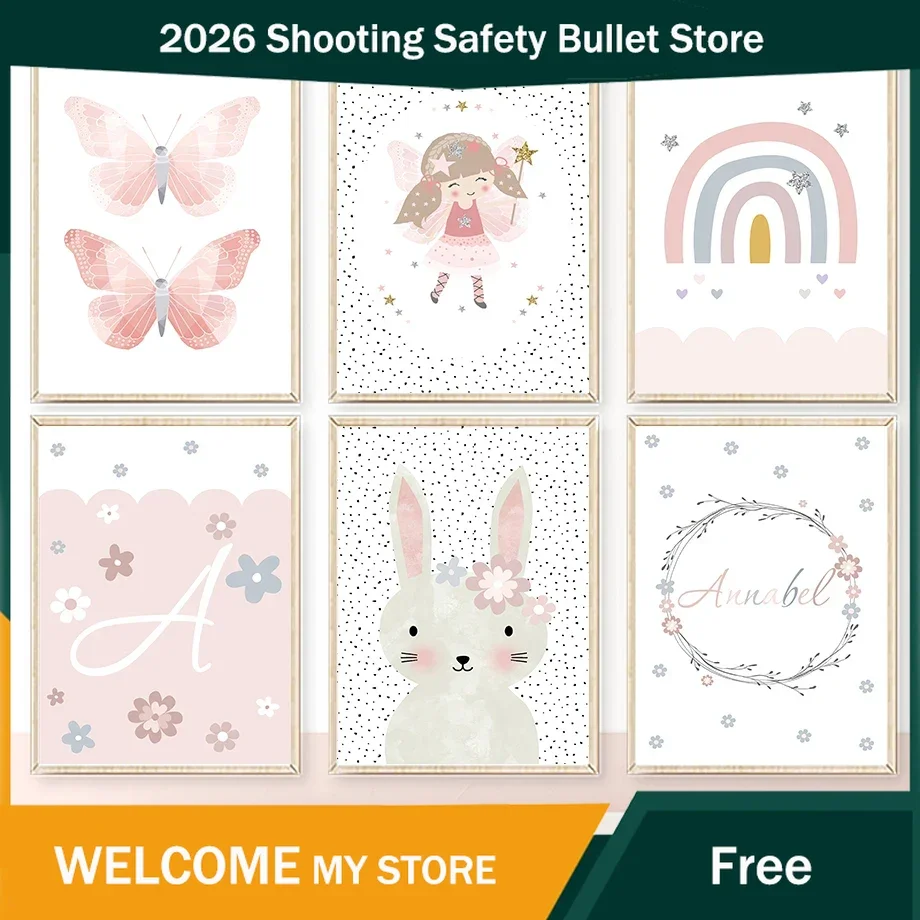 Linda Pintura en Lienzo de Conejita, Flor, Mariposa y Arcoíris, Pósteres e Impresiones para Cuarto de Bebé, Cuadros Decorativos para Habitación Infantil