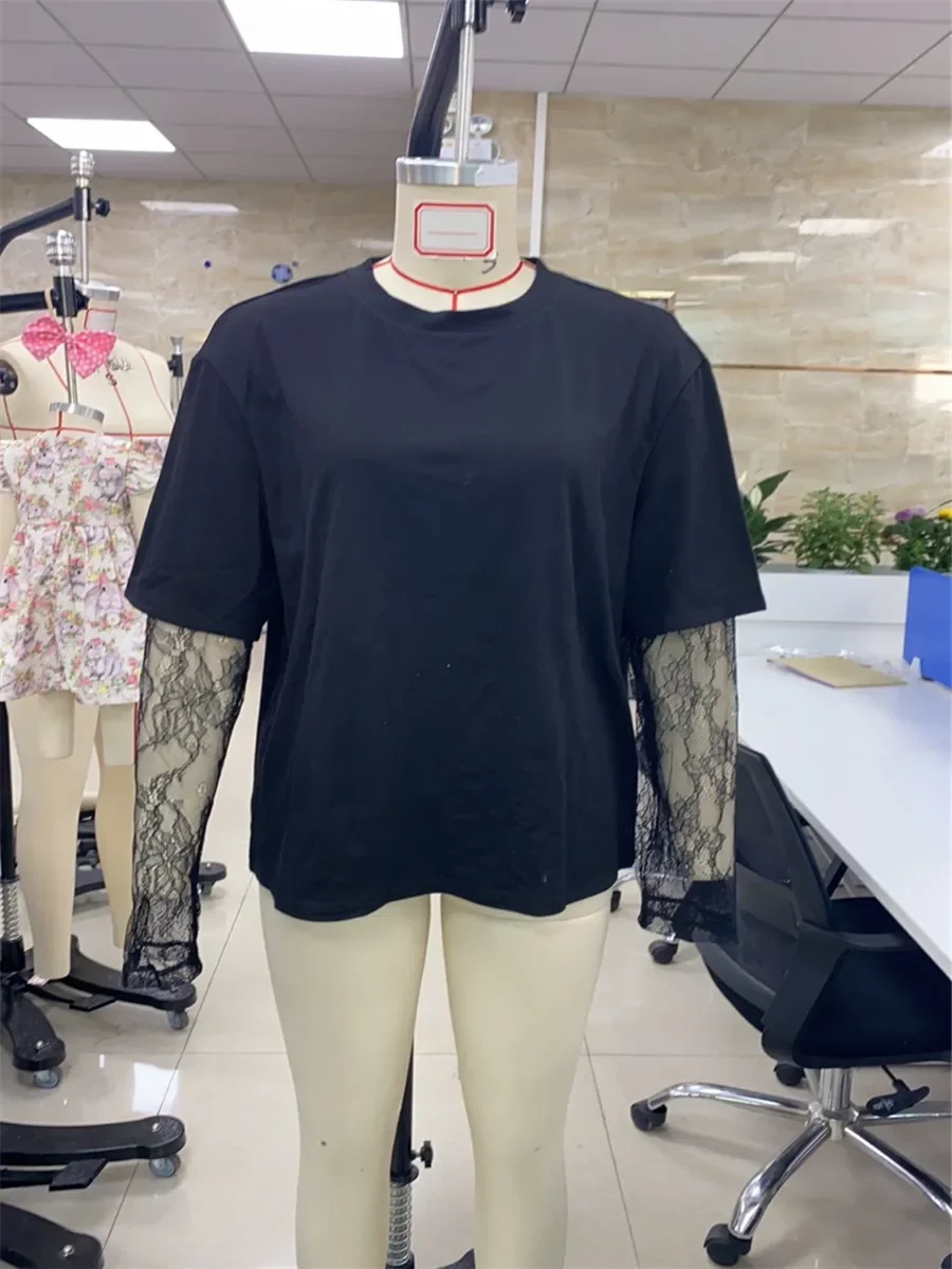 Femmes col rond T-Shirt dentelle à manches longues chemises décontractées printemps automne coupe ample hauts dames couleur unie T-Shirt pour Streetwear