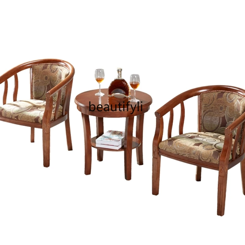 Three-Piece Solid Wood Guest Room round-Backed Armchair Single Negotiation Table and Chair Mahjong Computer Leisure Chair