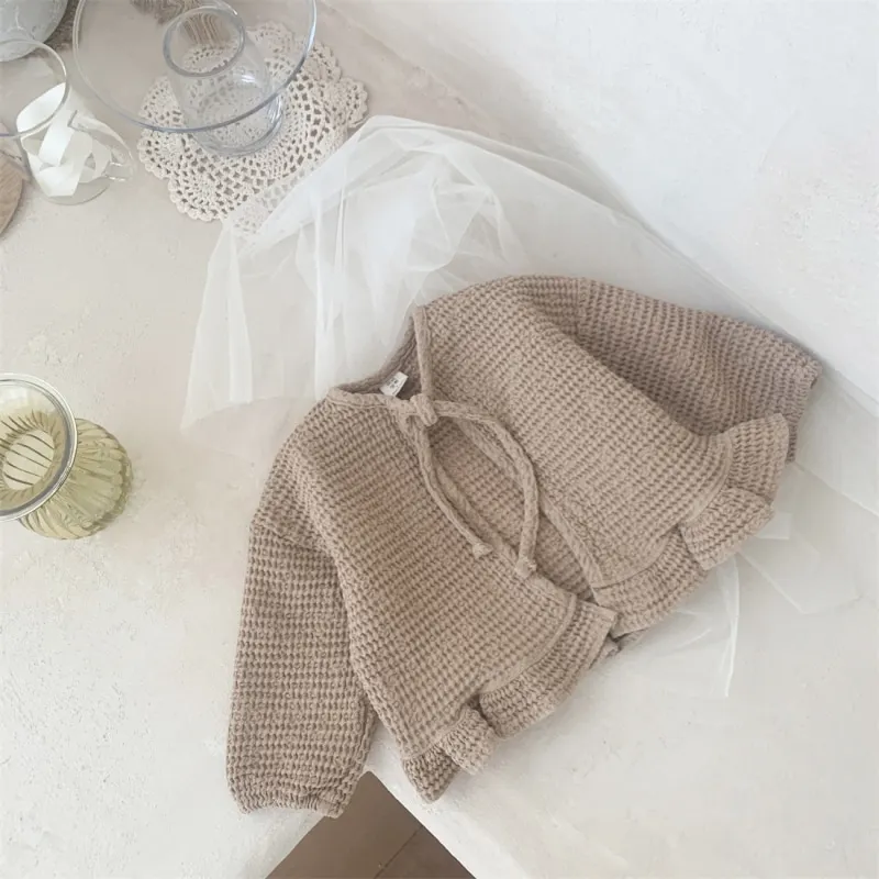 Newborn Baby Girl Boy Cotton Waffle Cardigan Toddler Child Long Sleeve Coat Solid Ruffle Jacket Spring Autumn Baby Clothes 9M-2Y