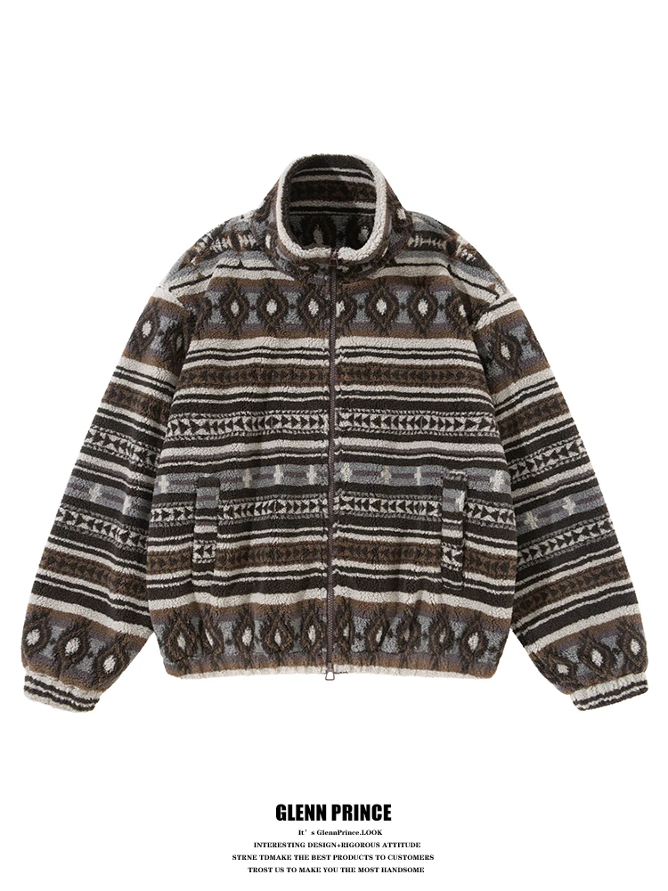 

GPstudio Thiened Stand Collar Men's Jaet Fair Isle Lamb Fur Fce Lined Cotton Coat Warmth Polyester Fiber Long Sve Z...