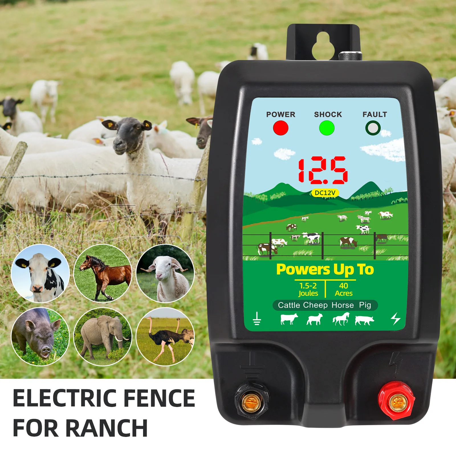 

10KM Electric Ranch Fence Energizer for Livestock High Voltage Controller for Sheep Cattle Horse Poultry Fence Energizer Tool