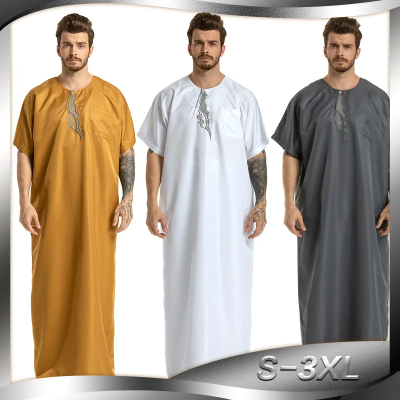 

2024 fashion muslim abayas for men embroidery round neck short sleeve full length arab fashion robes prayers clothing