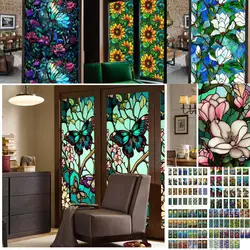 40/60x100cm Colorful Retro Flower Birds Window Glass Electrostatic Stickers Removable Window Privacy Stained Decorative Film