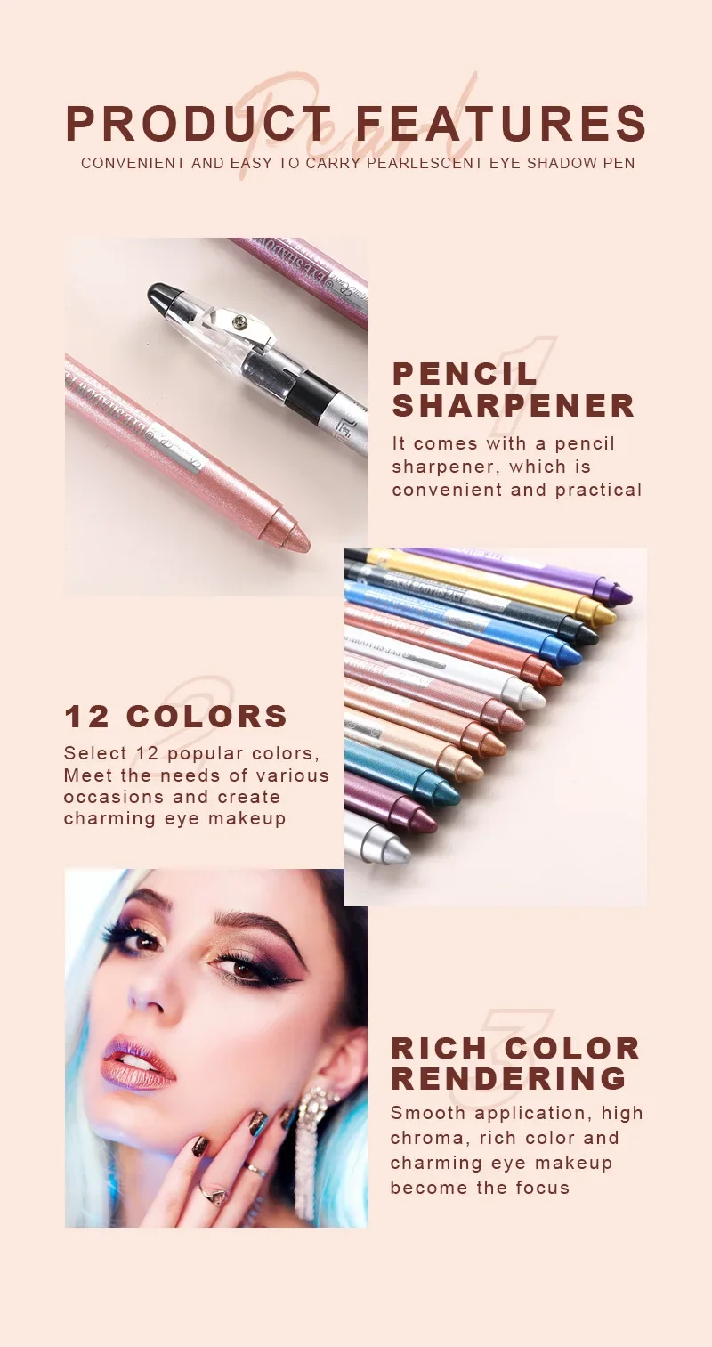 12 Color Waterproof Lasting Pearlescent Eyeshadow Pencil Brown Black Glitter Lying Silkworm Eyeliner Pen Nude Eye Pigment Makeup