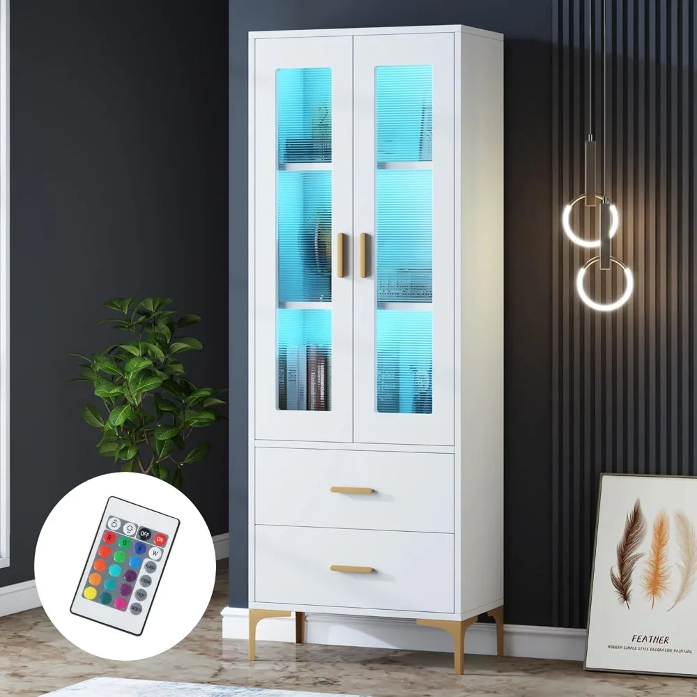 White LED-lit Bookcase with Doors and 2 Drawers, Tall Freestanding Storage Cabinet for Living Room