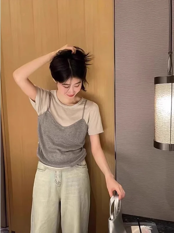 

Футболка Ele Color Blo ort Sve, женская летняя корейская футболка, многослойная одежда небольшого размера, очаровательный вязаный топ из ледяного шелка