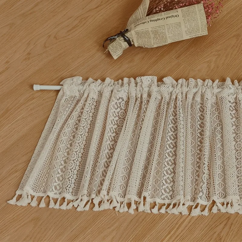 1pc Boho Line Short Curtain Beige Vintage Hollowed-Out Half-Curtain Short Window Curtains for Cafe, Bathroom, Kitchen, Farmhouse