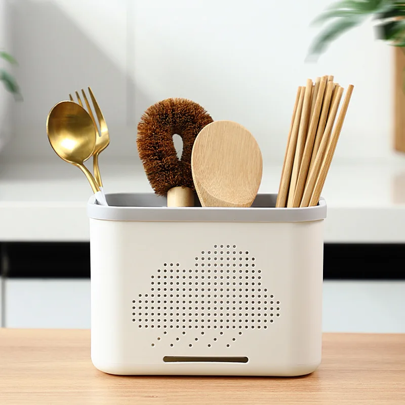 Kitchen Double Layer Drain Chopsticks Cage Multifunction Cutlery Hollow Drainer Storage Rack Knife Holder Tableware Organizer