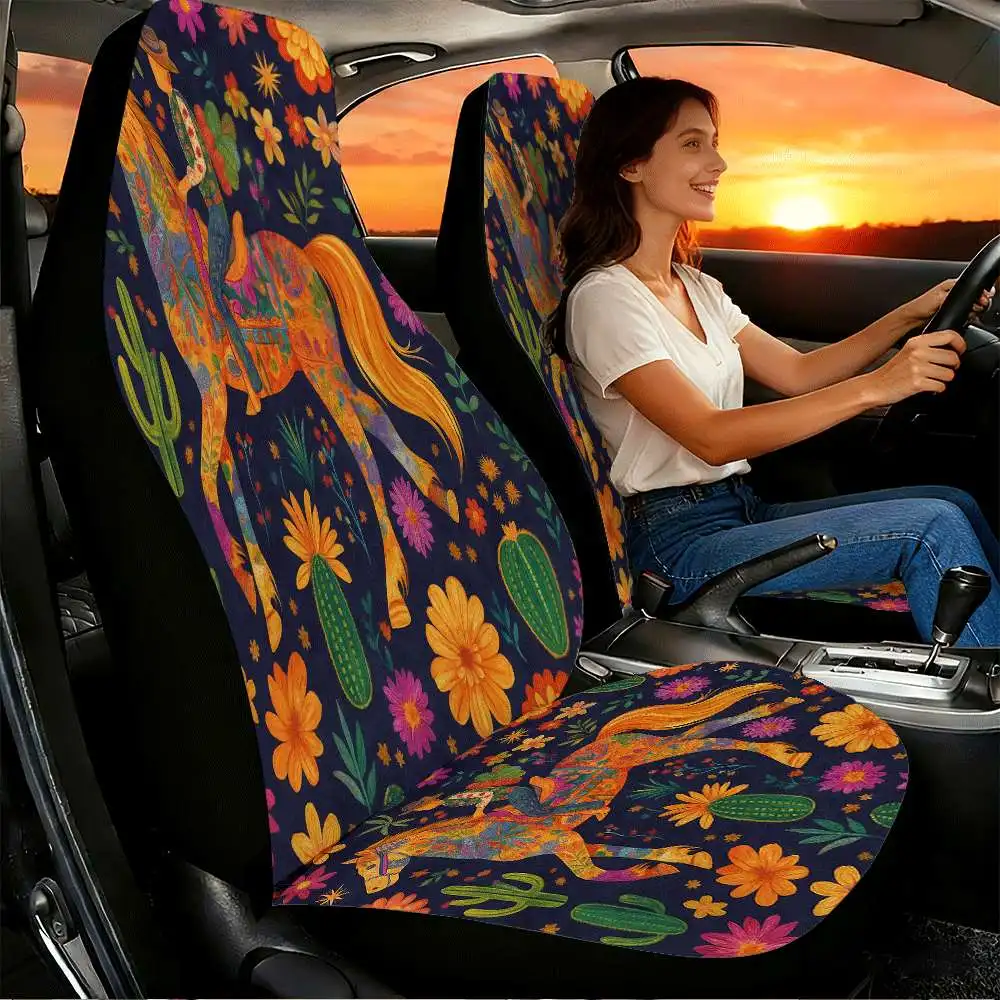 2pcs Colorful Cowboy And Horse Floral Car Seat Covers | High Back Design, Polyester Material, Universal Fit For Cars, SUVs, And
