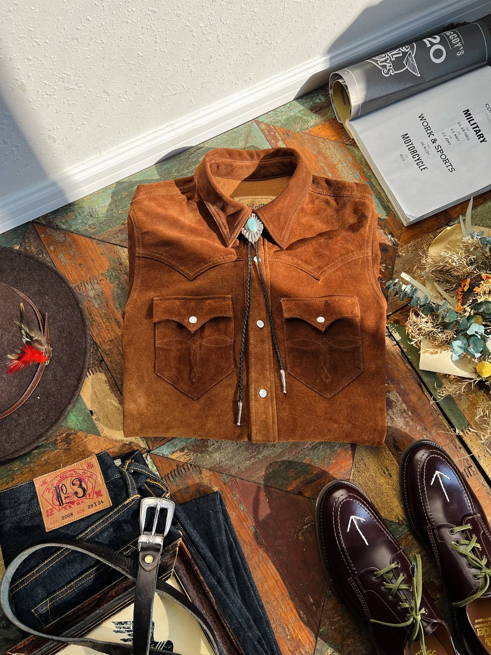 

Tailor Brando Italy Tuscany Suede Cowhide American Vintage Leather Embroidered Navajo Western Leather Shirt