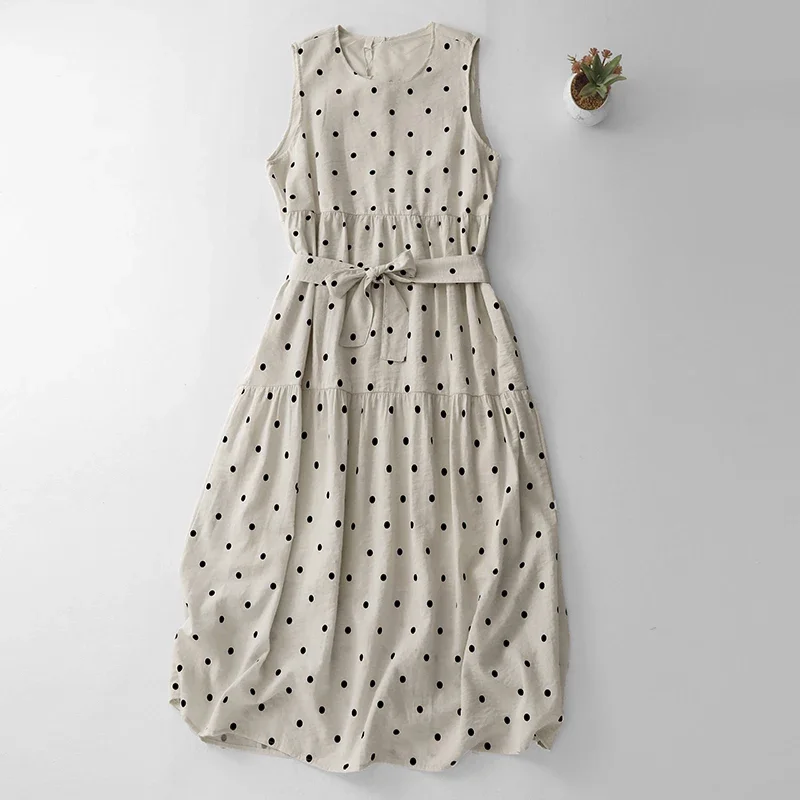 2025 新しい夏のヴィンテージ水玉ドレス女性の韓国のファッションルーズカジュアルロングビッグスイングノースリーブ女性のベストドレス