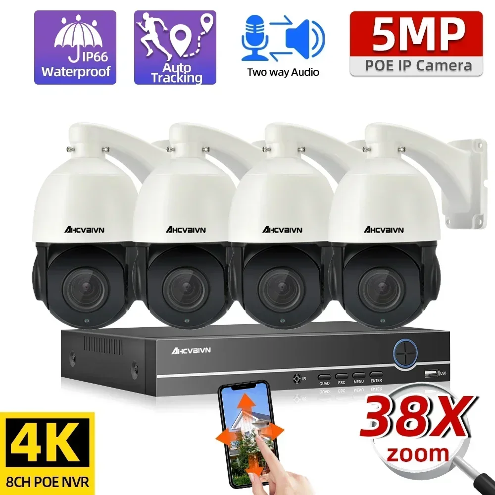 Auto Tracking 38X Zoom Two Way Audio POE CCTV Camera Security System Kit PTZ 4K 8CH NVR Kit 5MP IP Camera Video Surveillance Set