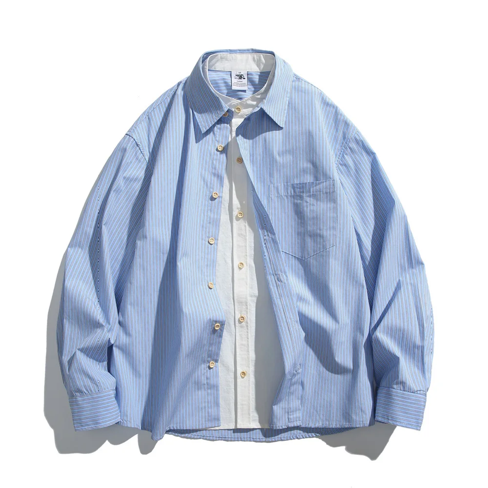 Double Placket Splice Stripe Shirt Men Japanese Streetwear Fashion Casual Loose Long Sleeve Oversize Shirts Cityboy Blouses