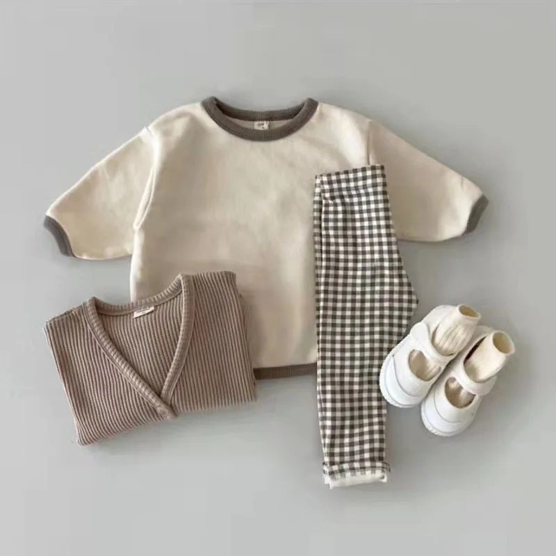 Autumn New Baby Long Sleeve Clothes Set Infant Solid Casual Sweatshirt Set Boys Girls Plaid Pants Outfits Children 2pcs Suit