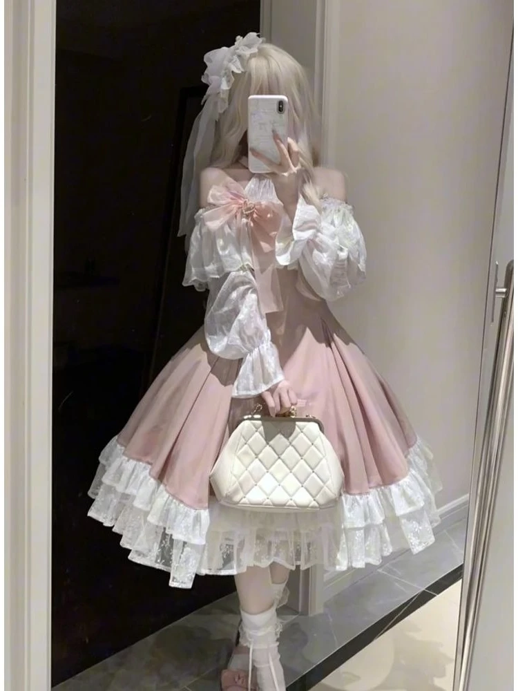 Autunno Inverno Nuovi abiti lunghi eleganti Donna Stile francese Dolce abito da principessa a maniche lunghe Abiti dal design chic estetico rosa