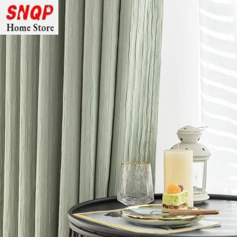 Full Blackout Curtain Japanese Matcha Green Pressed Crepe Living Room Bedroom Sunscreen Heat Insulation Shade Curtain  CN