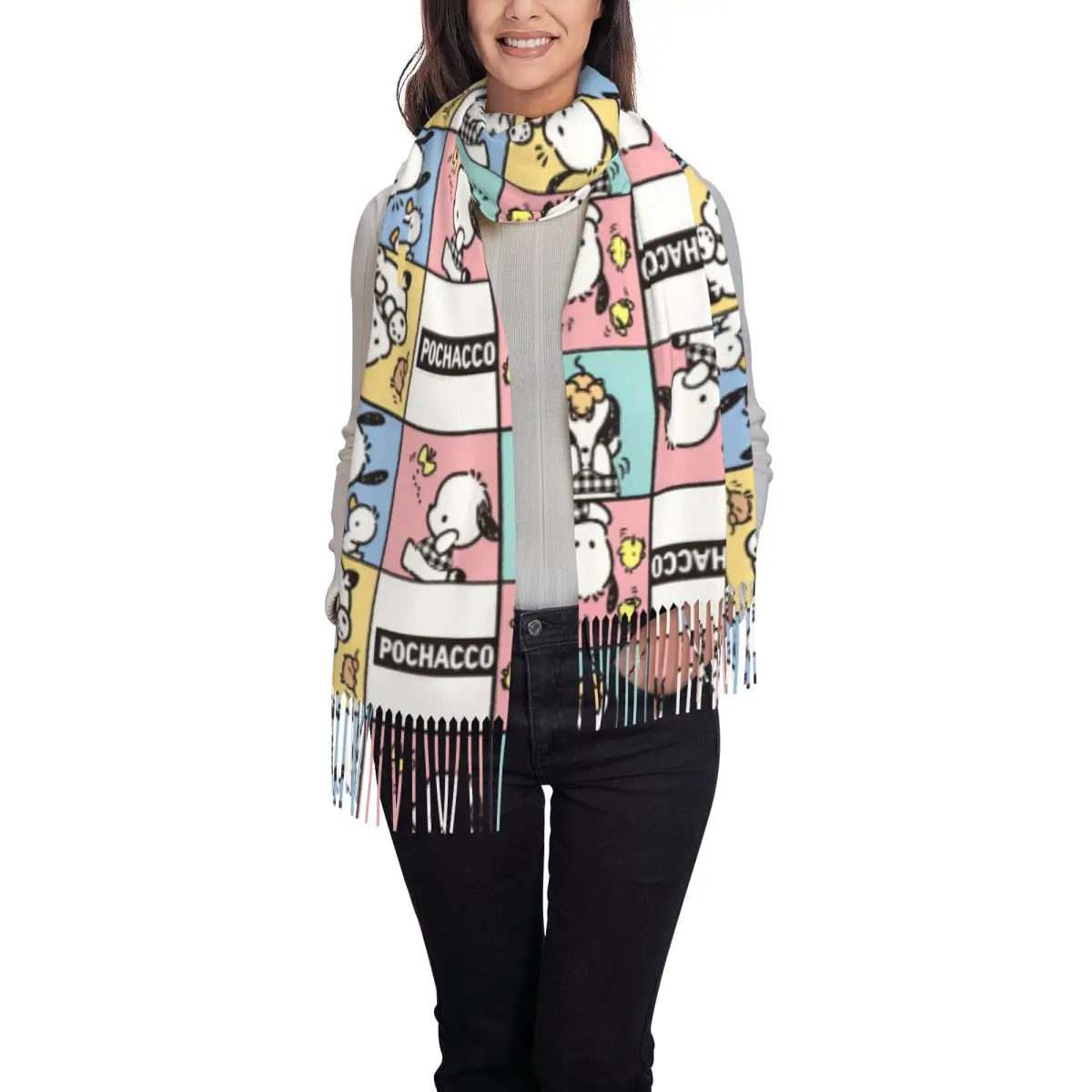 Pochacco Paterrn Cartoon Dog Cute Scarf Keep Warm Shawls and Wrap with Tassel Women Retro Head Scarves Winter Designer Bandana image 2