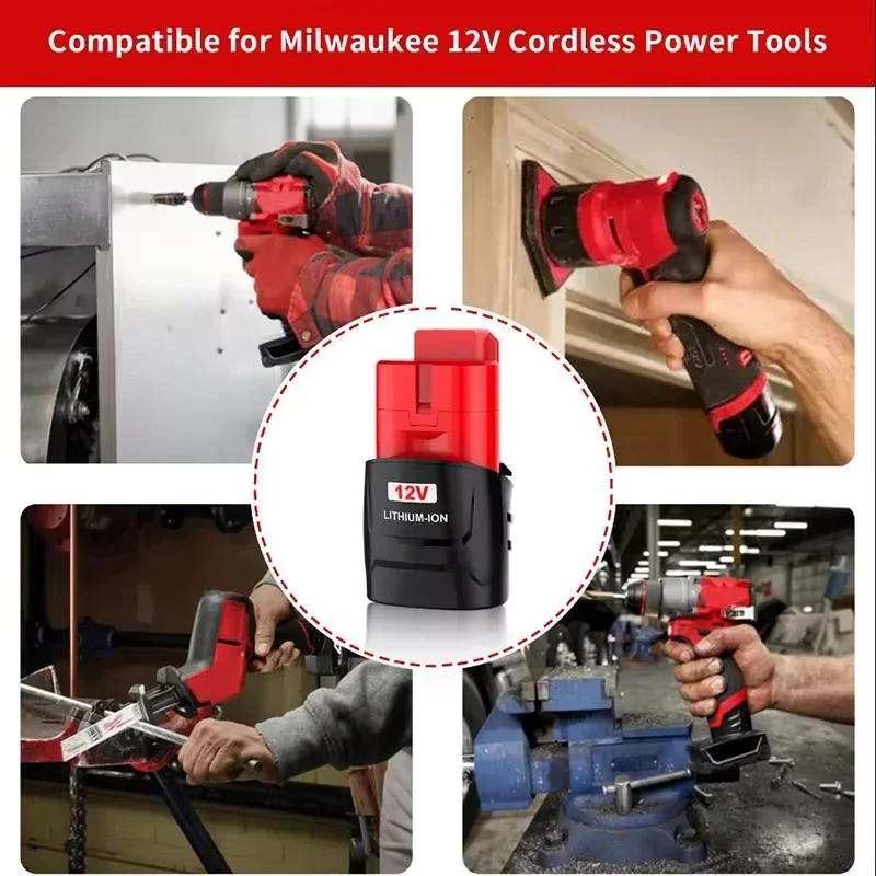 Milwaukee M12 3.0/6.0/9.0Ah 12V Replacement Battery XC 48-11-2411, 48-11-2401, MIL-12A-LI Wireless Tools Rechargeable Battery