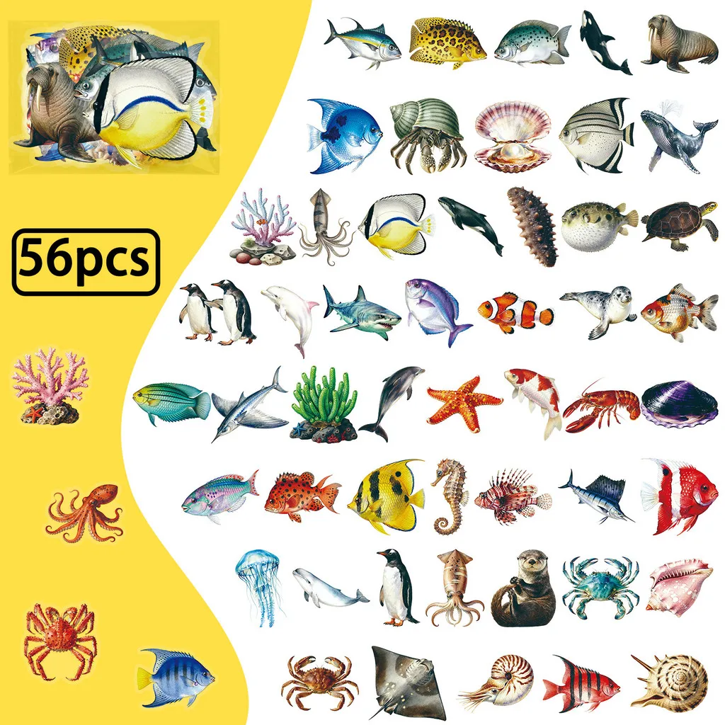 56개 신형 리얼리틱 해양 동물 스티커 고투명 PET 물고기 데칼 창의적인 수공예용 블링블링 스티커 스토어