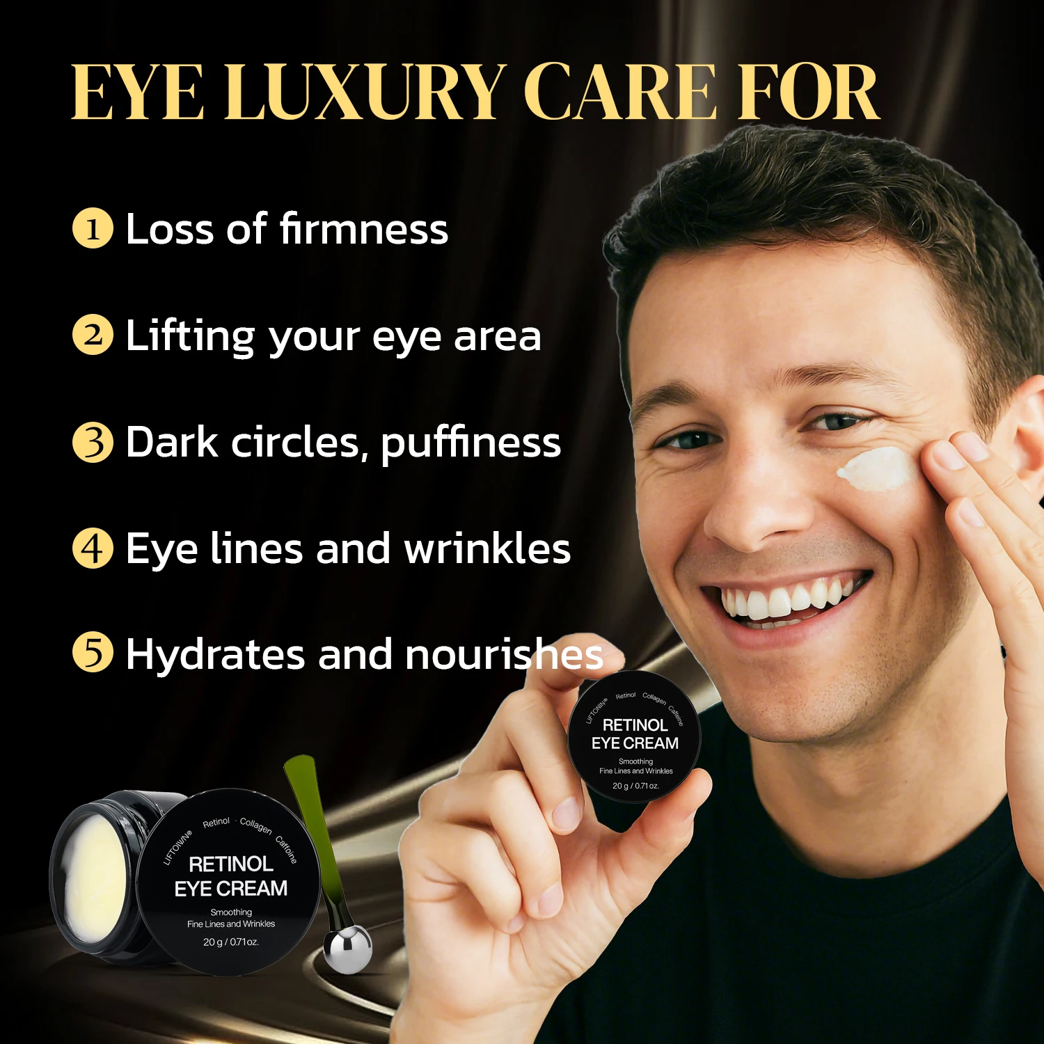 しわ対策レチノールアイクリーム、肌を引き締め、エイジングケアで小じわ、クマ、むくみを軽減、0.71オンス