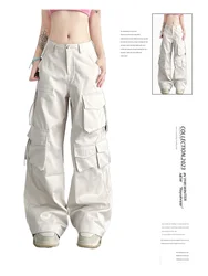 Women's Apricot Cargo Pants Harajuku Streetwear Pockets Parachute Pants Y2k Retro 2000s 90s Aesthetic Vintage Trousers Clothes