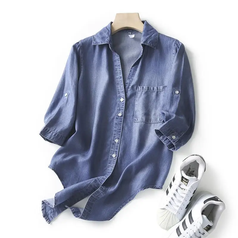 

Hanging Seven Quarter Sleeve Hem Knot V-neck Shirt Women's Short Sleeved Summer Casual Thin Denim Shirt Top