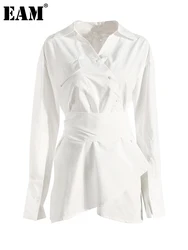 EAM-Vestido camisero de manga larga con cuello en V para mujer, prenda holgada de corte Irregular, color blanco, a la moda, para primavera y otoño, 2024, 1DE9884