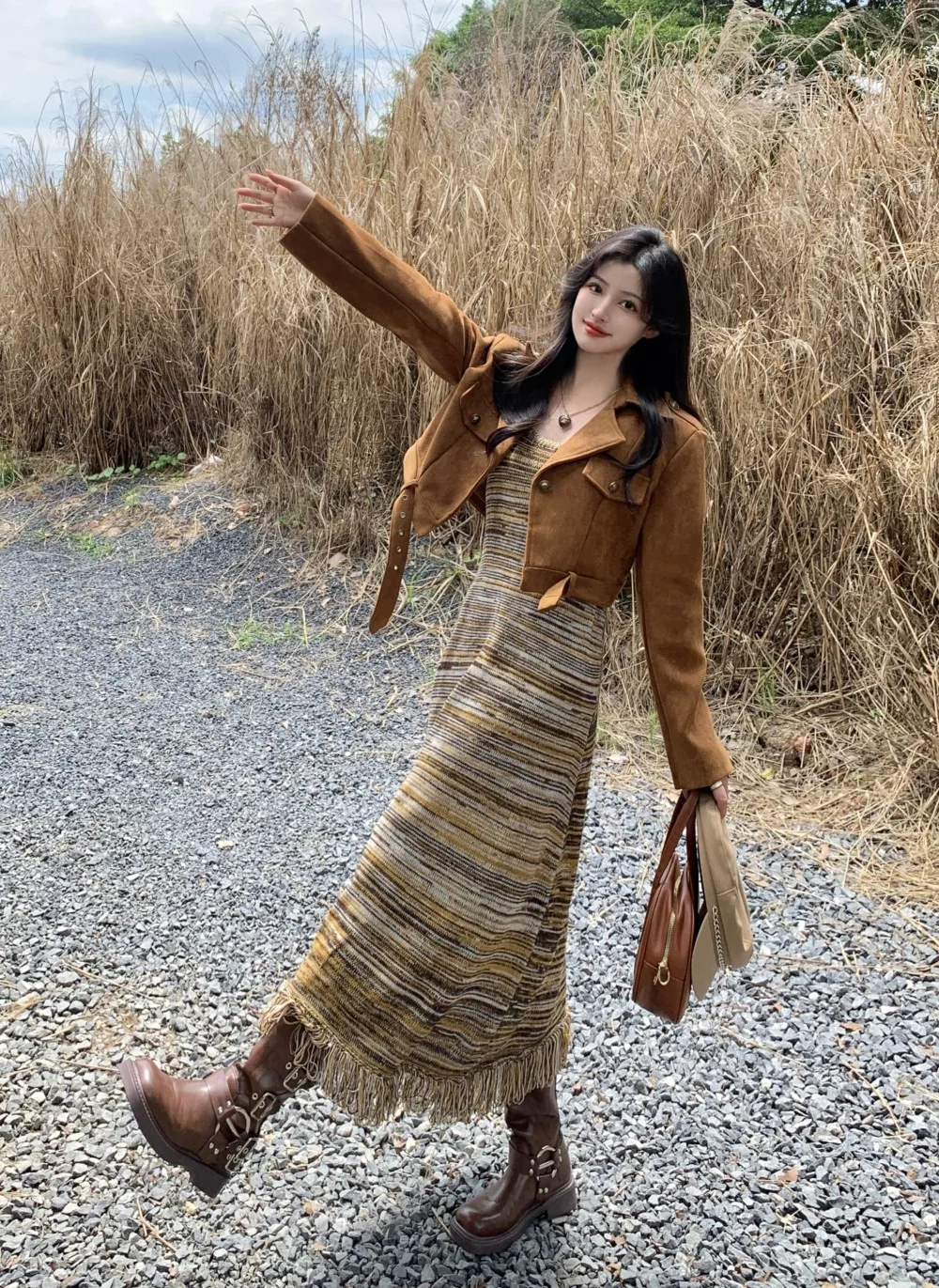 Vestido Halter listrado retrô para mulheres, vestido longo Tassel, Primavera, 2024