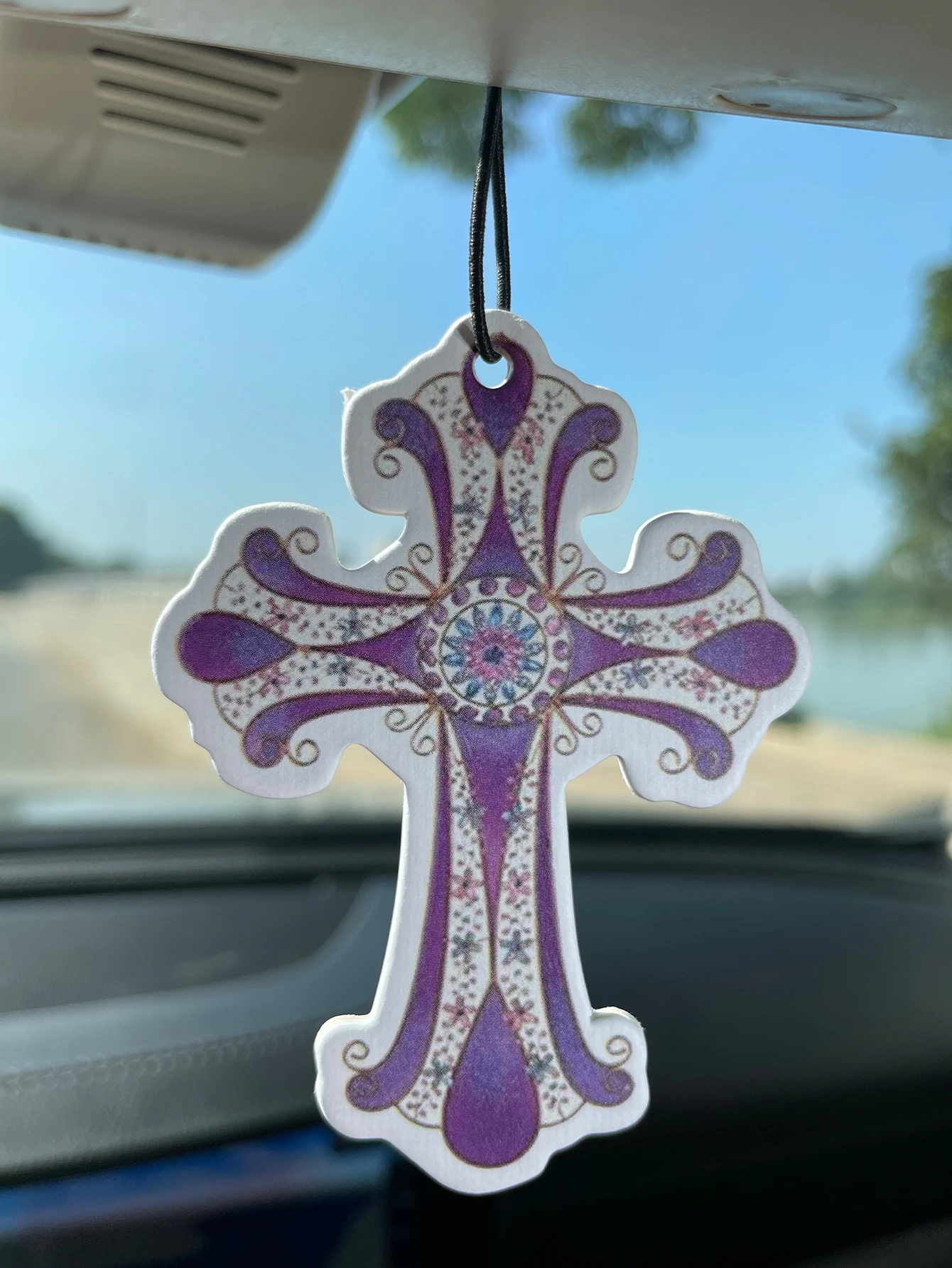 Ornate Purple Floral Pattern Cross Car Air Freshener Hanging Fragrance, Natural Plant Extract Scent, Alcohol‑Free Non‑Toxic, Hea