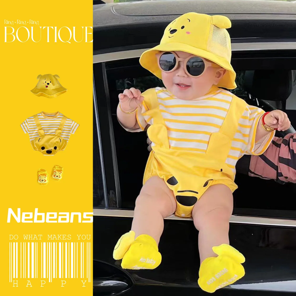 Disney Winnie Fashion Designer Brand Baby Clothes Triangle Cotton Suit Striped Clothes Yellow Bear 0-2 Years