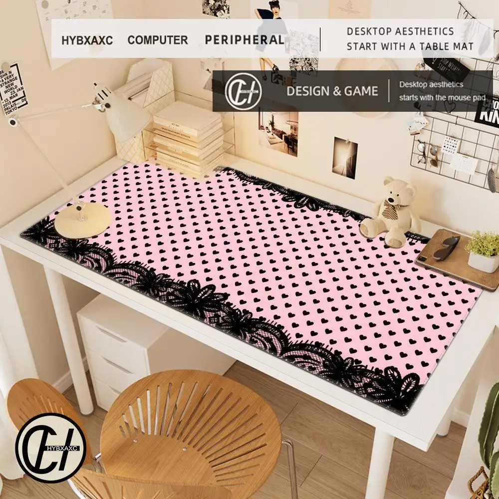 Pink Black Polka Dot Lace Large Gaming Mouse Pad XXL Extended Non Slip Table Pad Desk Mat Cute Trim Decor for Office HYBXAXC
