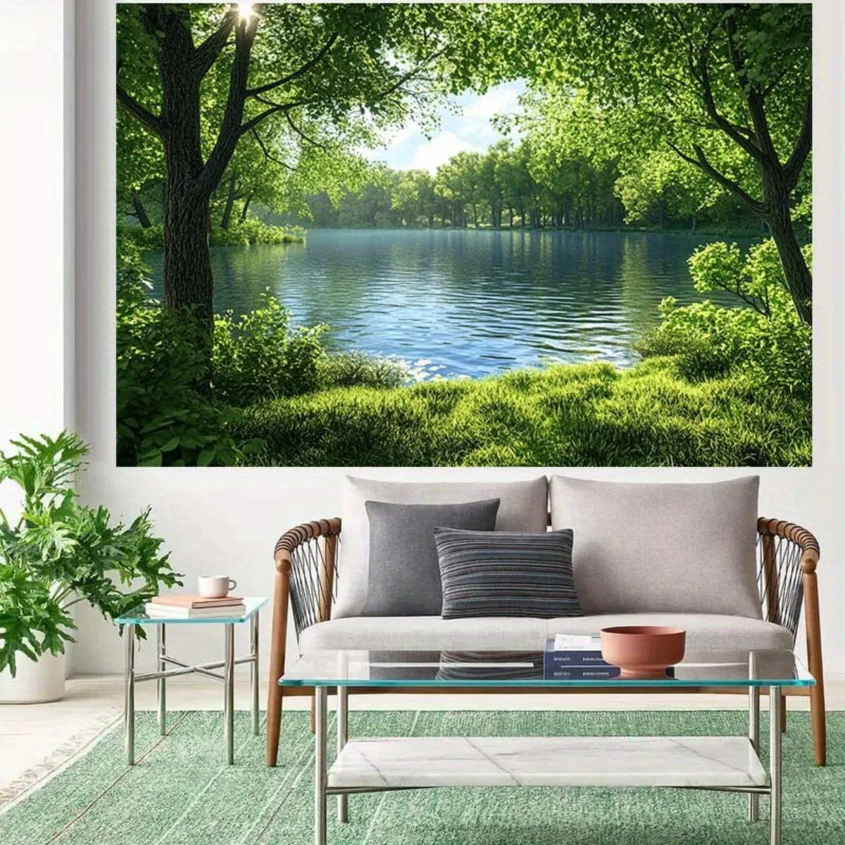 1 Stück Forest Lake View Serene Nature Theme Polyester-Hintergrundstoff – üppiger grüner Wald, Party- und Heimdekoration – Detail 3